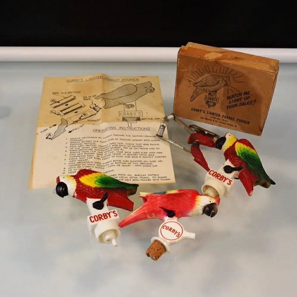 Vintage 1950s Corbys Whiskey 3 Parrot Pourers NOT WORKING Original Box w Manual